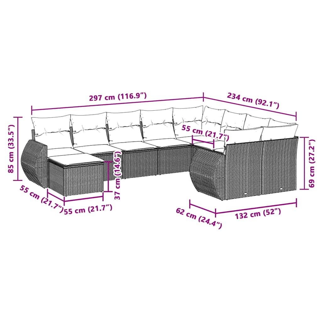 10-tlg. Garten-Sofagarnitur mit Kissen Schwarz Poly Rattan