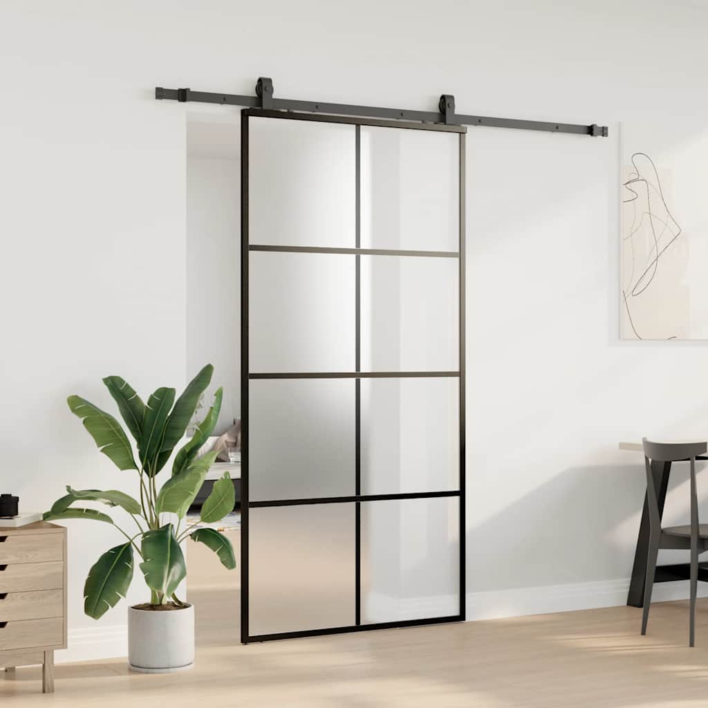 Schiebetür mit Beschlag Schwarz 76x205 cm ESG-Glas