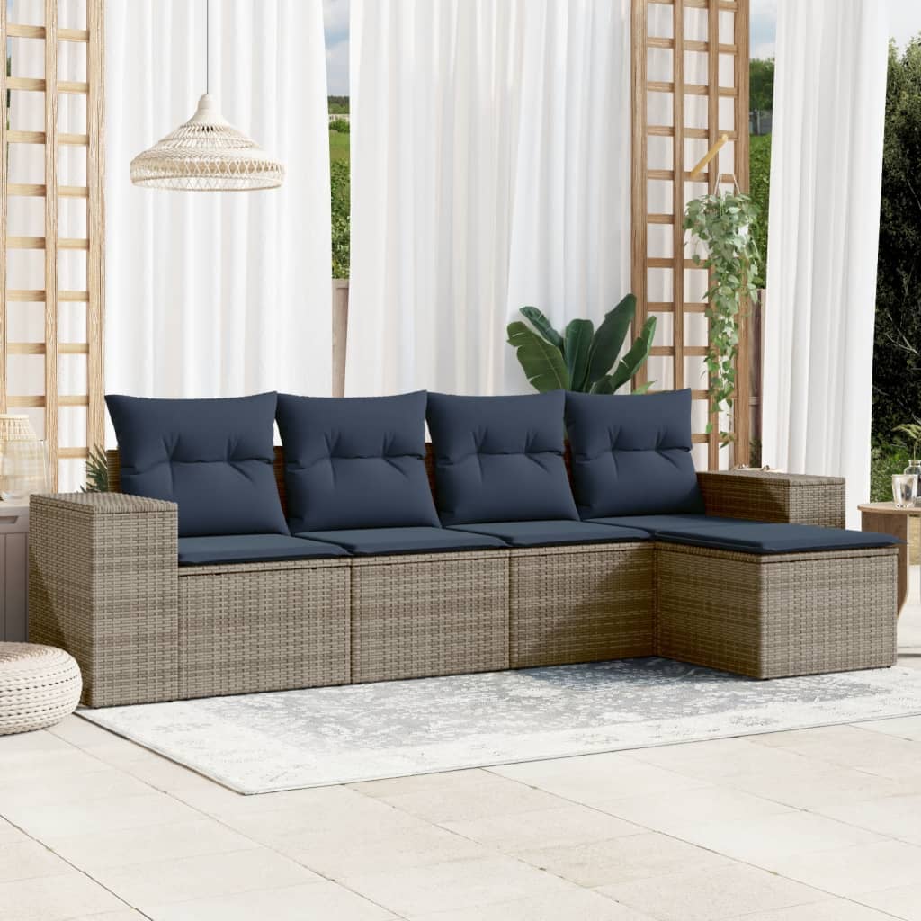 5-teiliges Gartensofa-Set mit Kissen, schwarzes Polyrattan