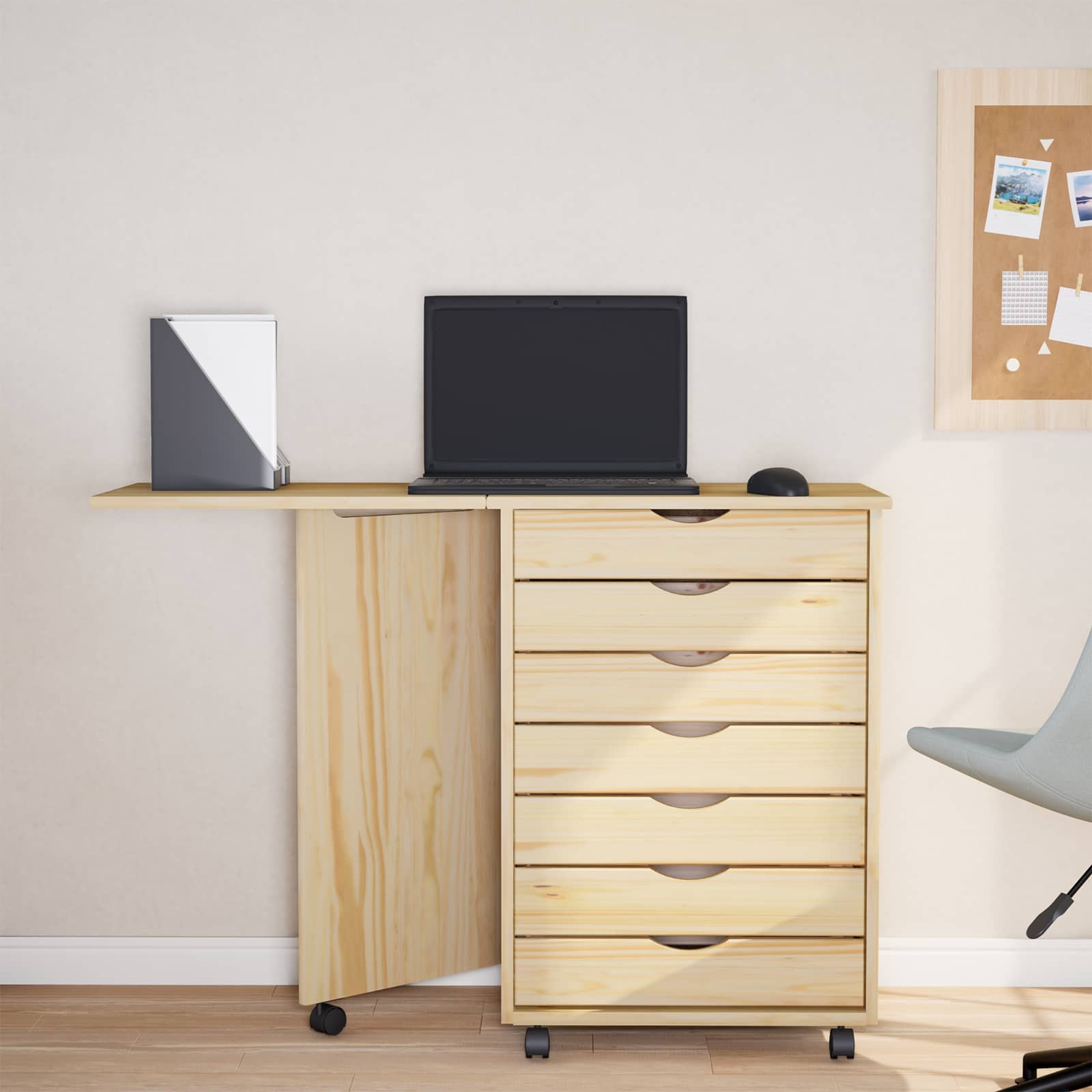 Rollschrank mit Schreibtisch MOSS Honigbraun Massivholz Kiefer