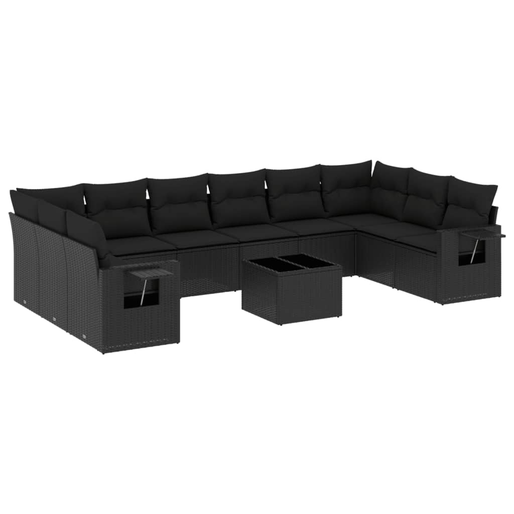 10-tlg. Garten-Sofagarnitur mit Kissen Schwarz Poly Rattan
