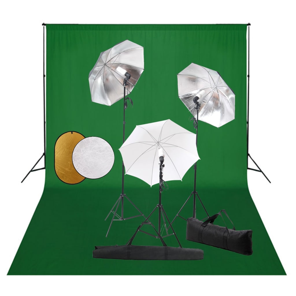 Fotostudio-Set mit Leuchten, Schirmen, Hintergrund, Reflektor