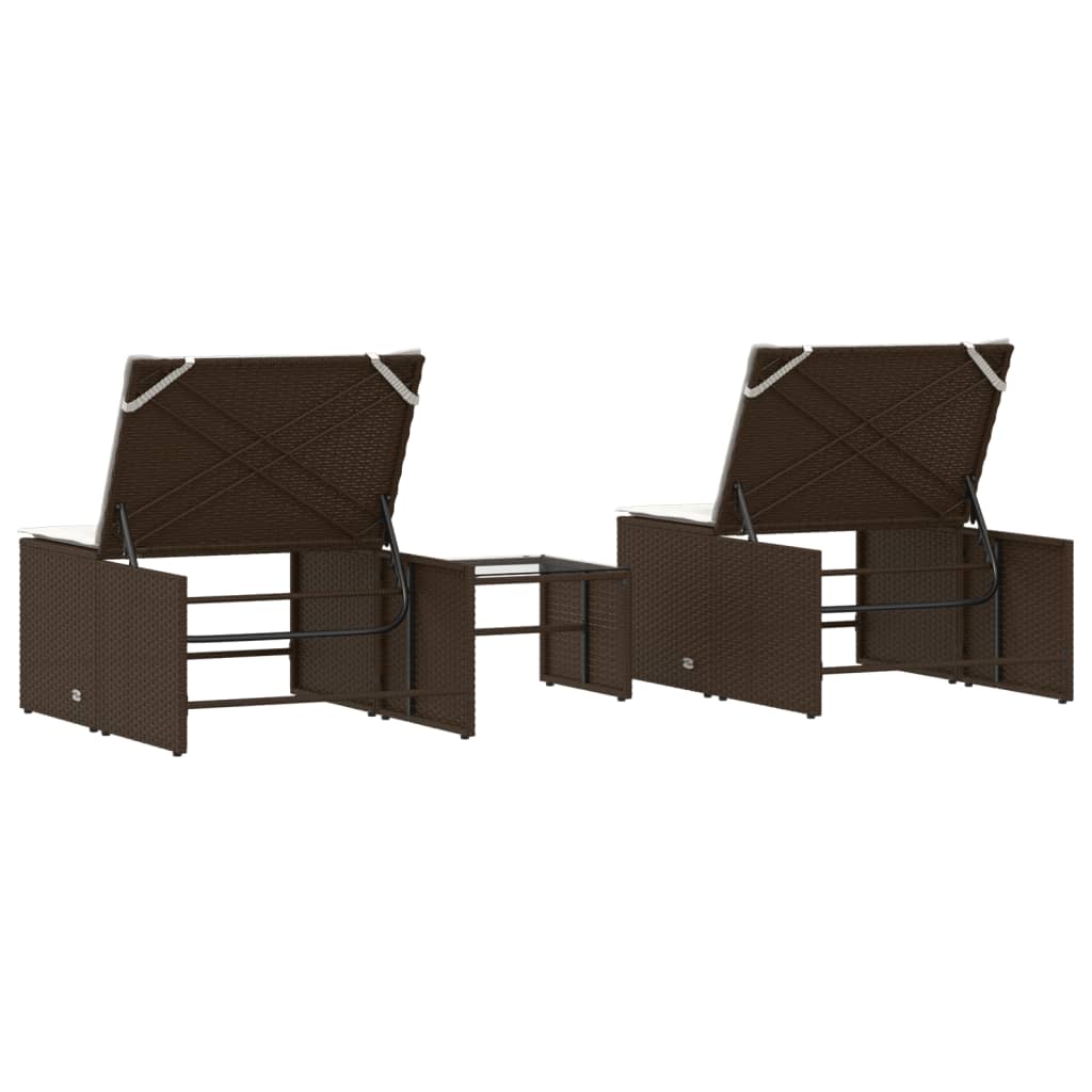 Modulare Sonnenliegen 2 Stk. mit Tisch Schwarz Poly Rattan