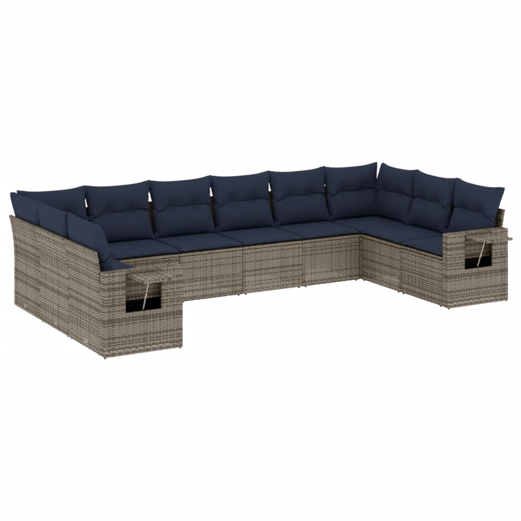 10-teiliges Gartensofa-Set mit Kissen, schwarzes Polyrattan