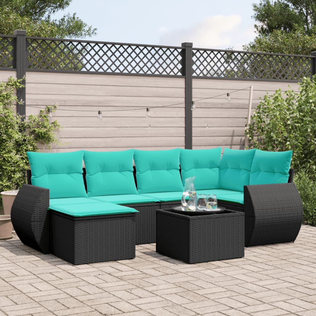 6-teiliges Gartensofa-Set mit Kissen, schwarzes Polyrattan