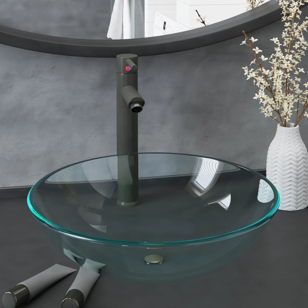 Waschbecken mit Armatur und Ablaufgarnitur Hartglas