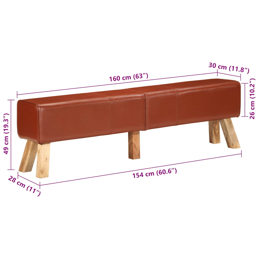 Bank Turnbock-Design 160cm Braun Echtleder Massivholz Akazie