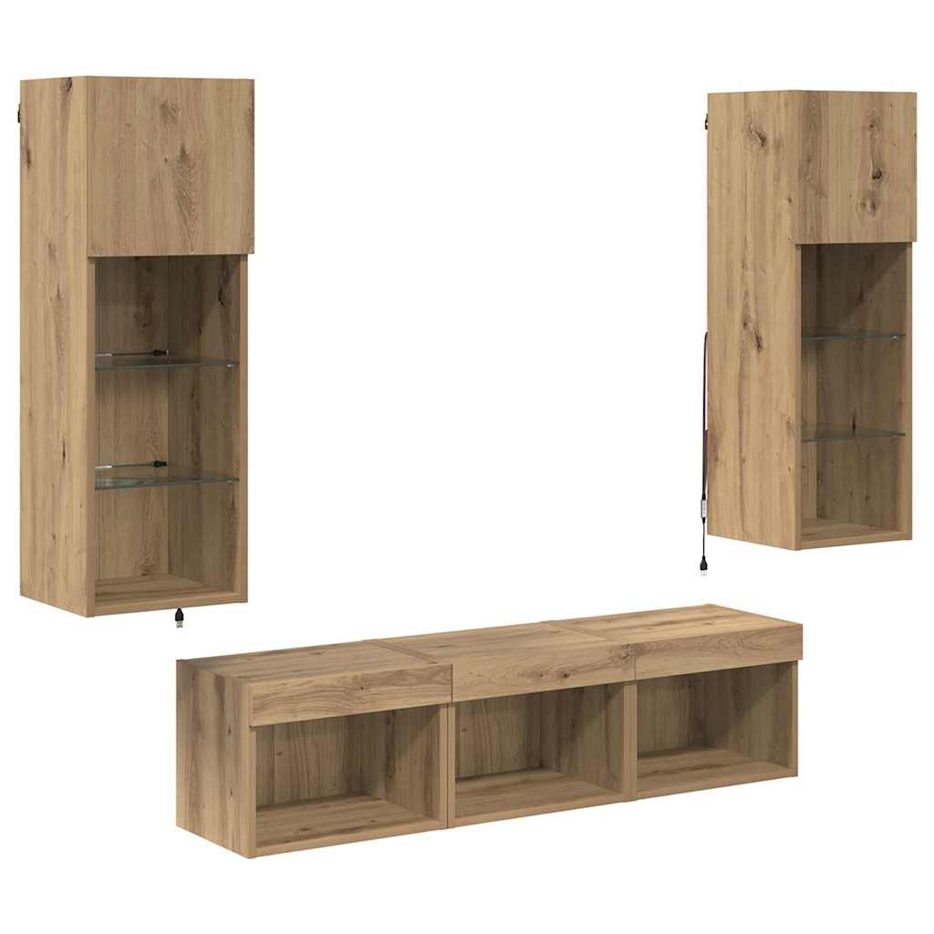5-tlg. Wohnwand mit LED-Beleuchtung Weiß Holzwerkstoff
