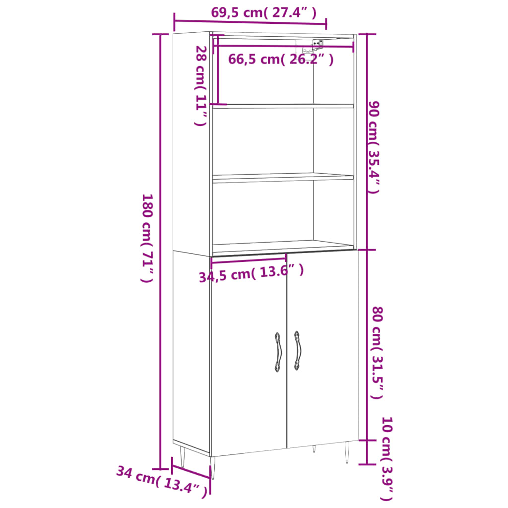 Highboard Betongrau 69,5x34x180 cm Holzwerkstoff