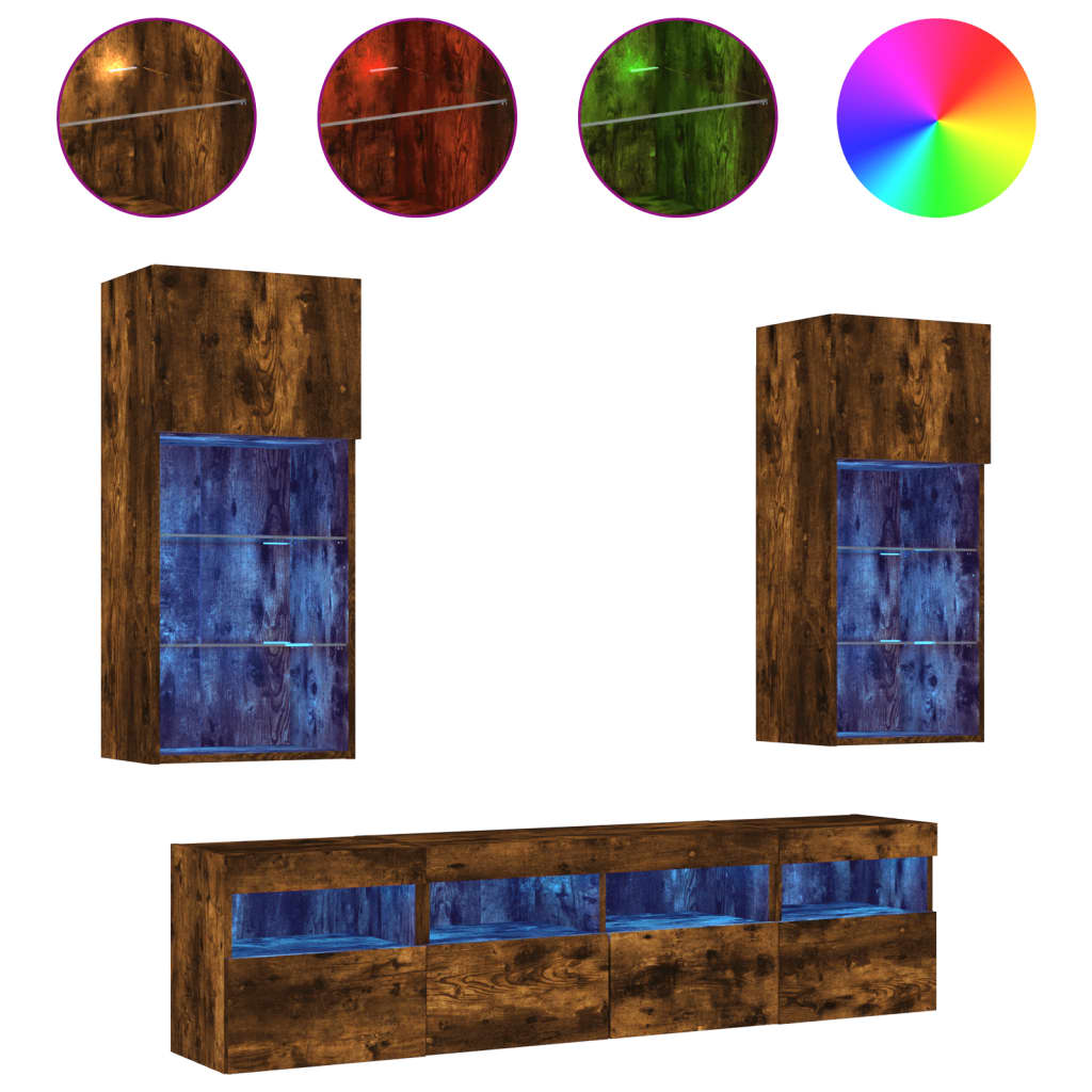 5-tlg. Wohnwand mit LED-Beleuchtung Weiß Holzwerkstoff