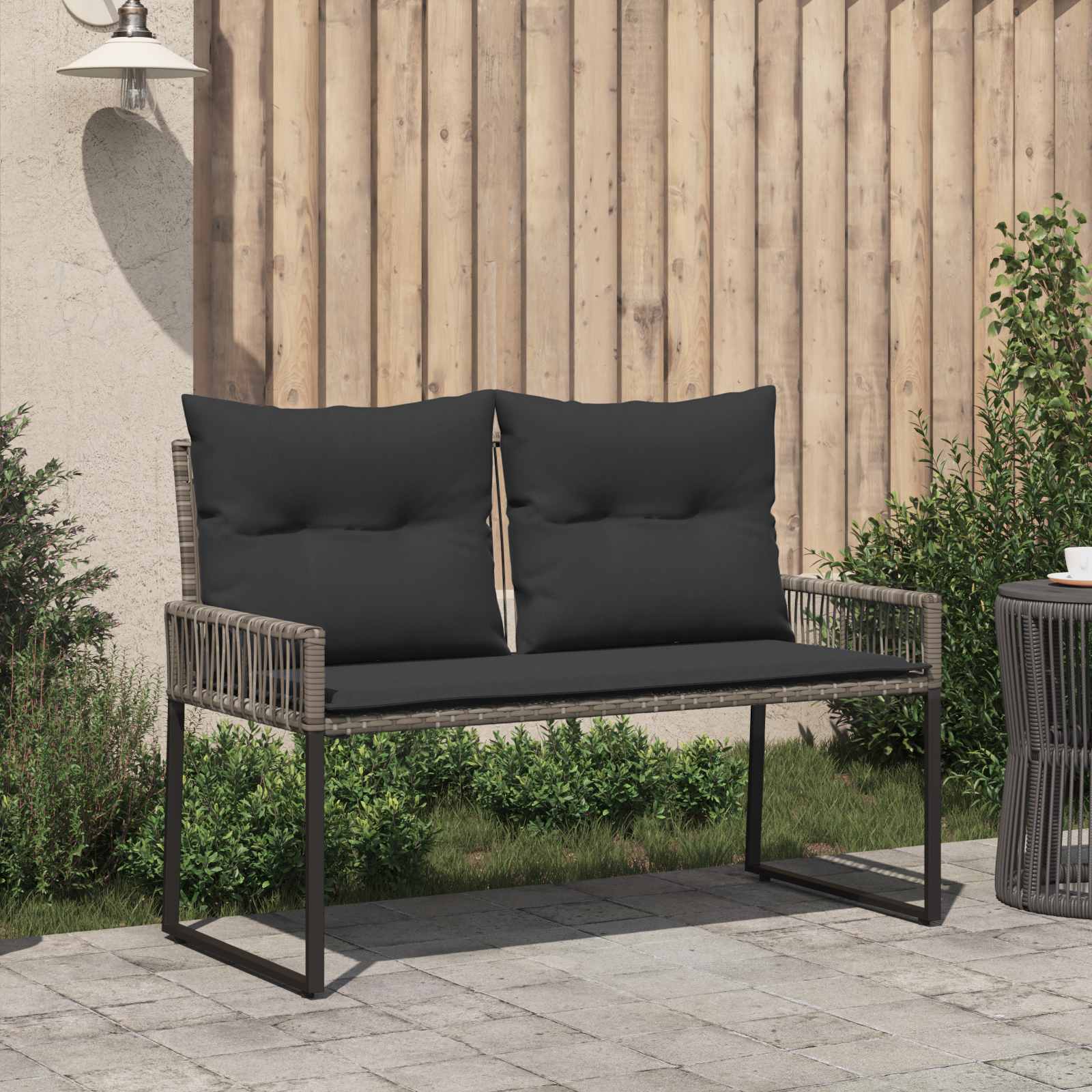 Bank Outdoor mit Kissen 4 pcs Schwarz und Cremeweiß Poly-Rattan