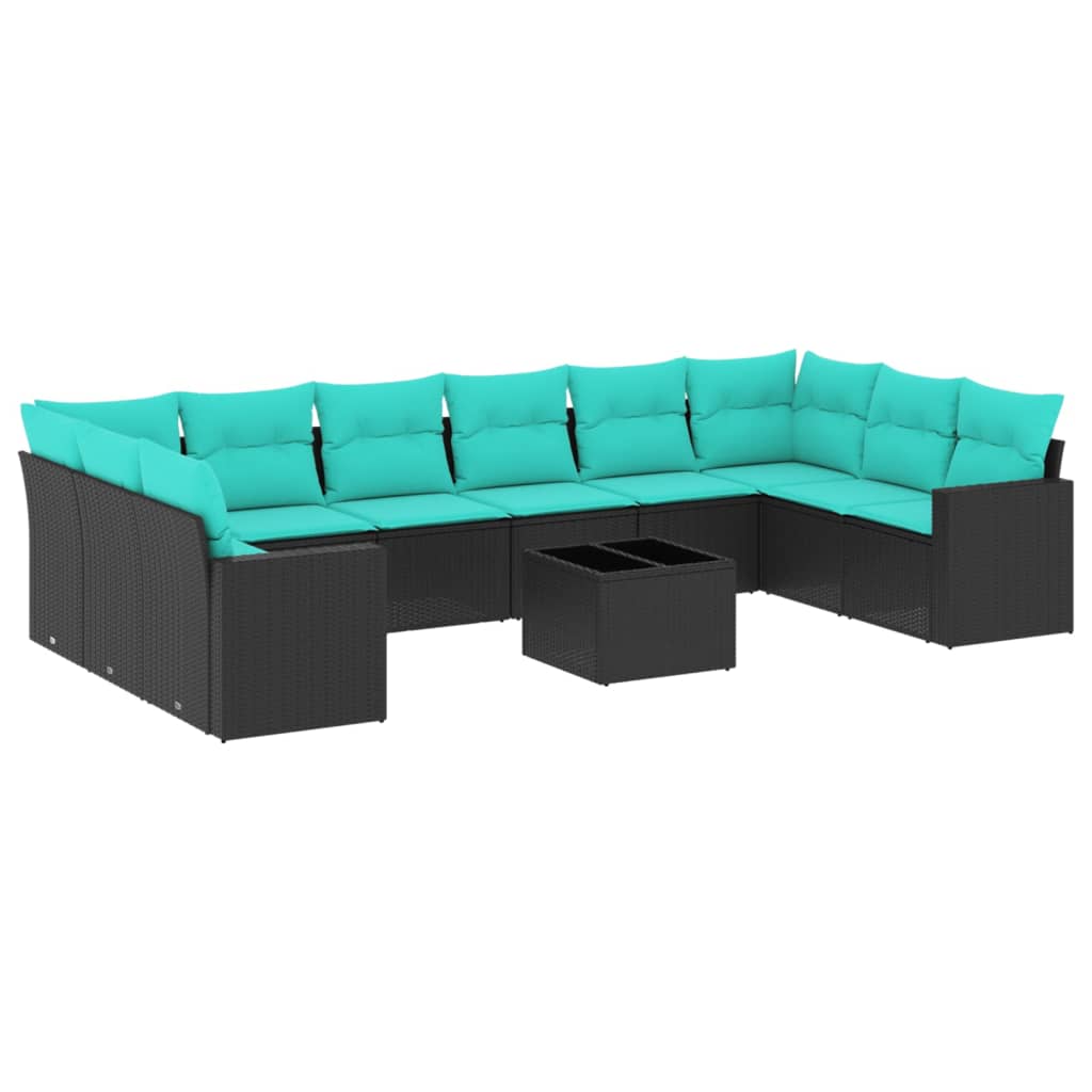 10-tlg. Garten-Sofagarnitur mit Kissen Schwarz Poly Rattan