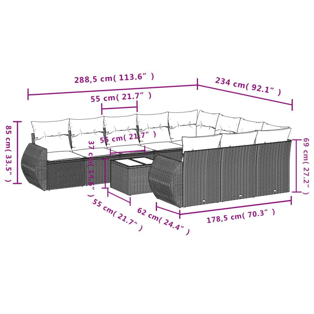 10-tlg. Garten-Sofagarnitur mit Kissen Schwarz Poly Rattan