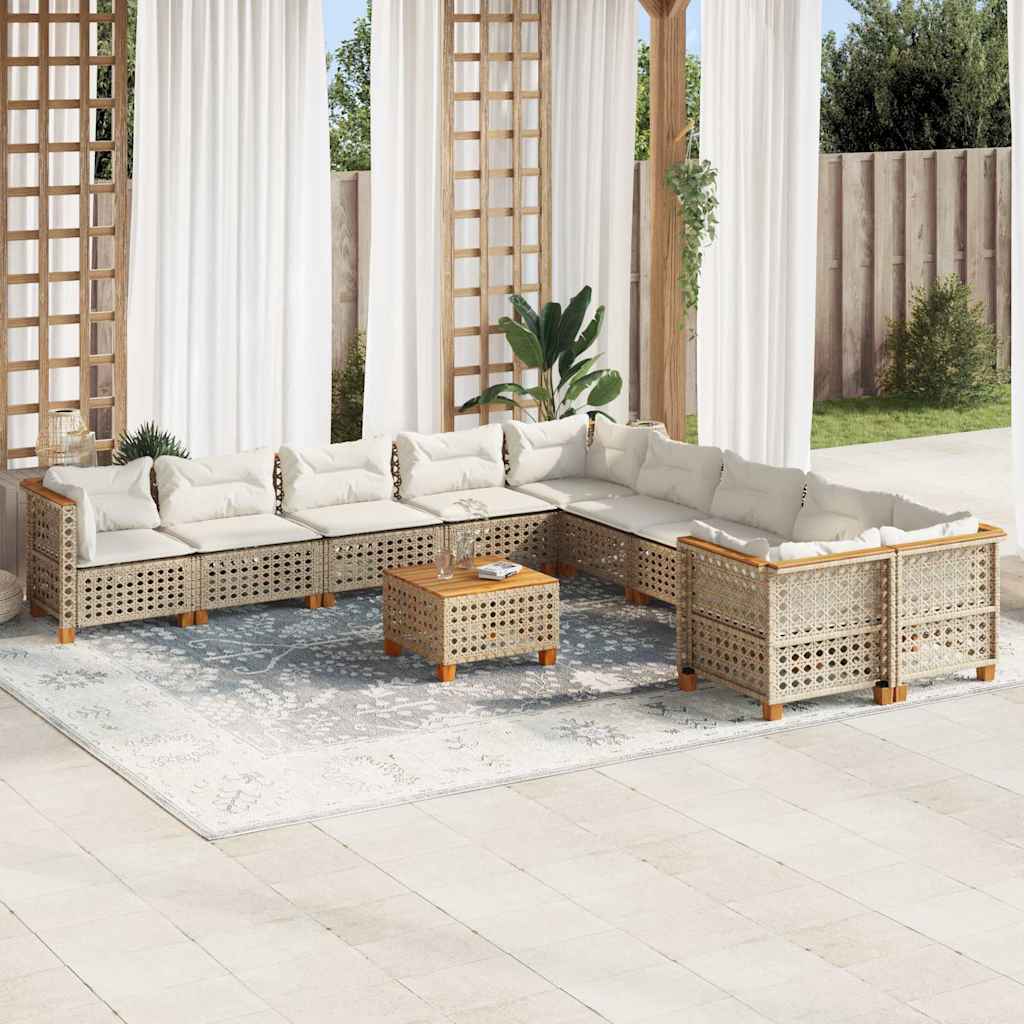10-tlg. Garten-Sofagarnitur mit Kissen Beige Poly Rattan