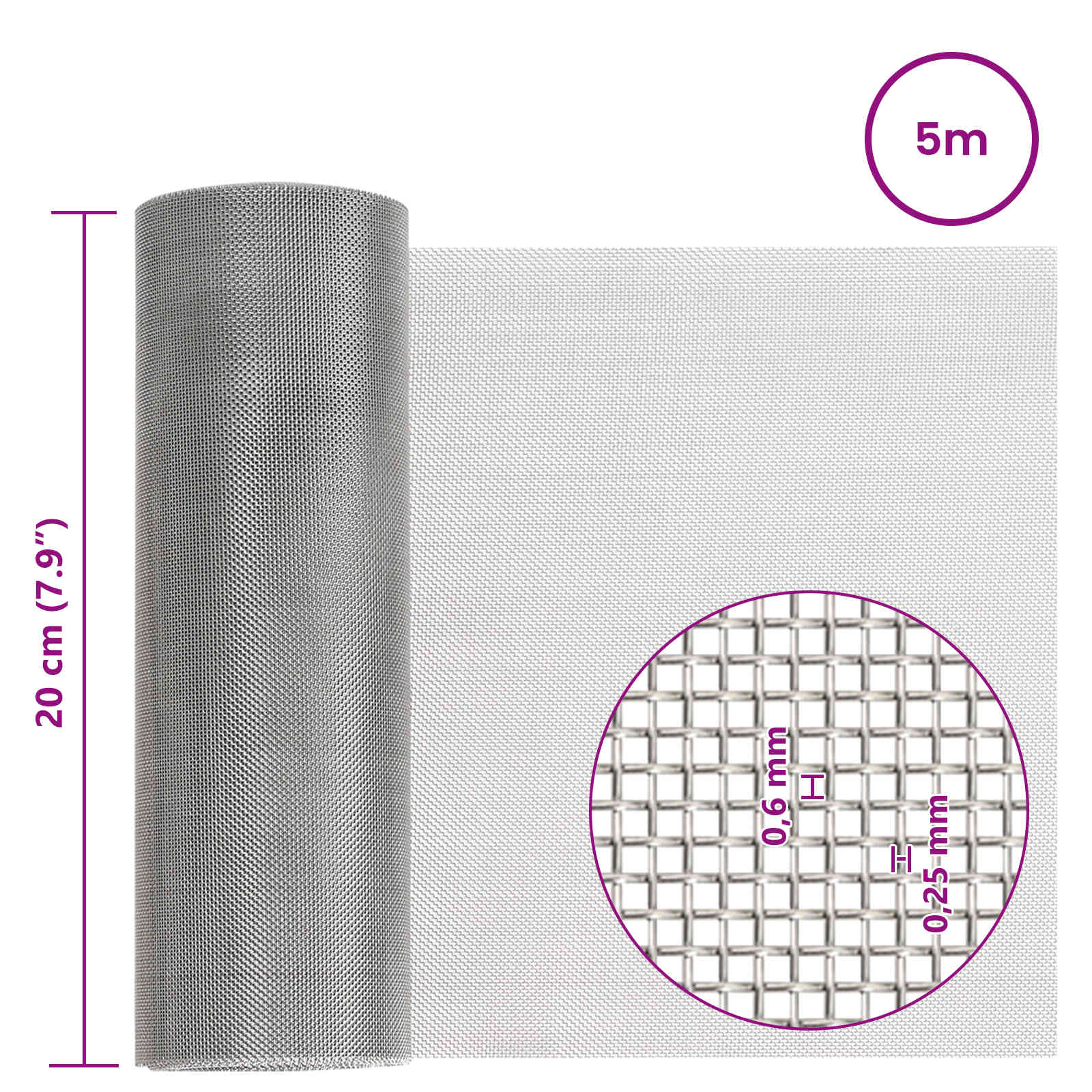 Mesh Bildschirm 20 x 500 cm 20 Mesh Edelstahl 201 Silber