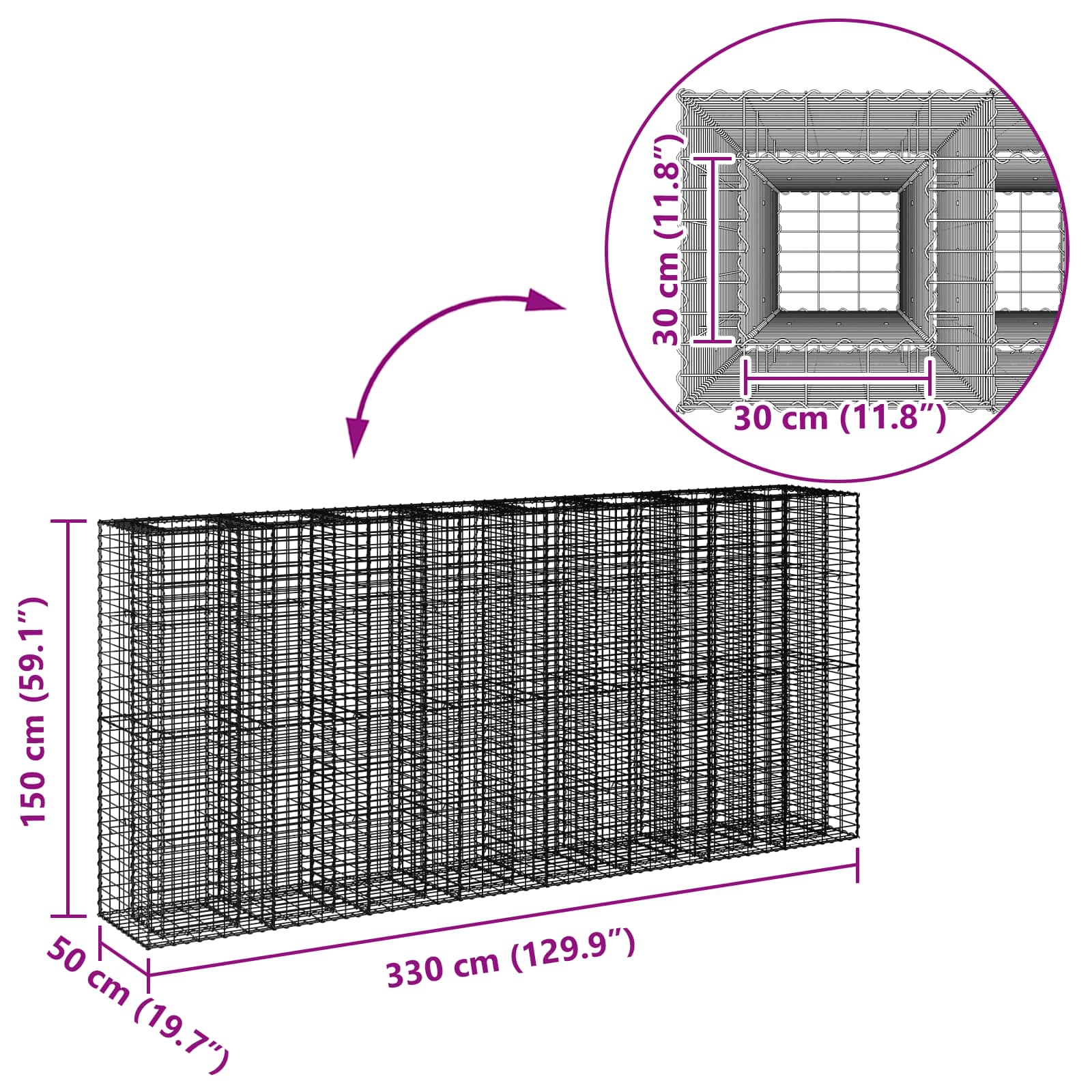 Gabionen Hochbeet 2 pcs Silber 260 x 60 x 55 cm