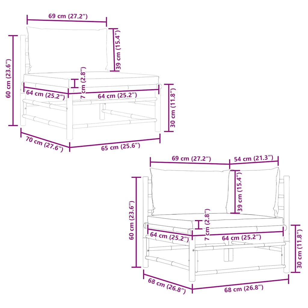 3-tlg. Garten-Lounge-Set mit Kissen Bambus