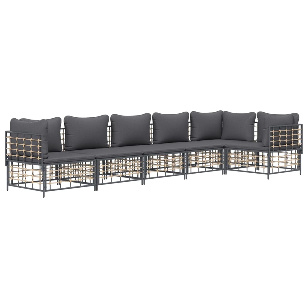 5-tlg. Garten-Lounge-Set mit Kissen Anthrazit Poly Rattan