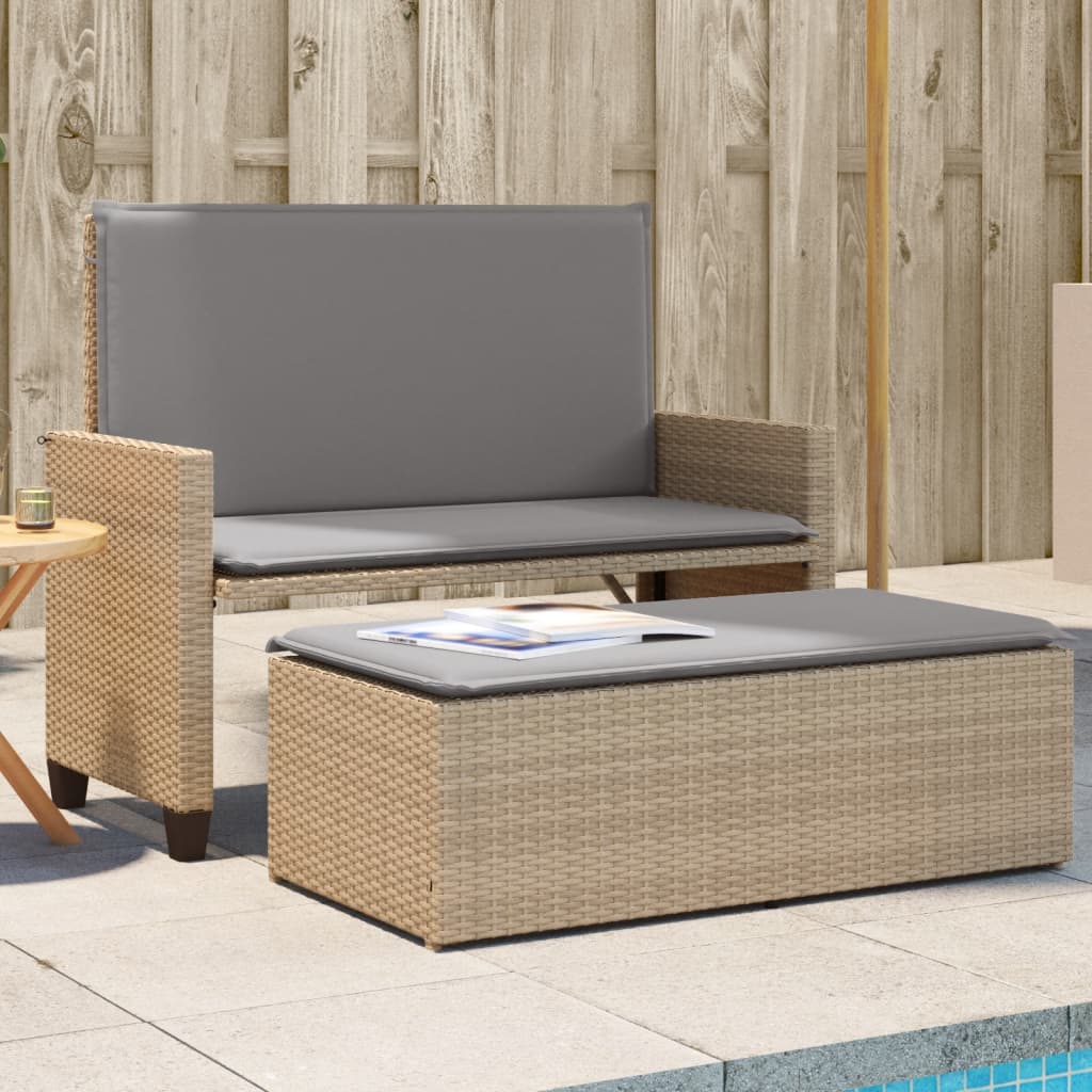 Gartenbank mit Kissen und Hocker Schwarz Poly Rattan
