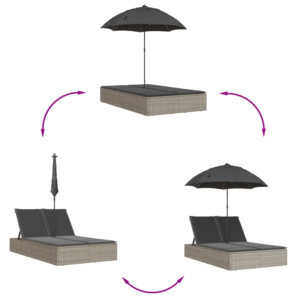 Doppel-Sonnenliege mit Kissen&Sonnenschirm Schwarz Poly Rattan