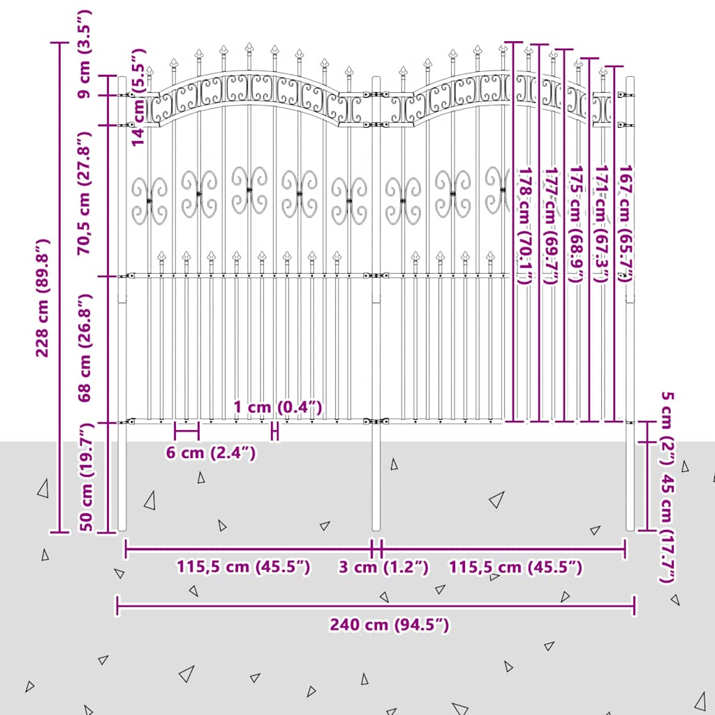 Gartenzaun KAMPEN mit Speerspitze Schwarz 240 x 75 cm Stahl