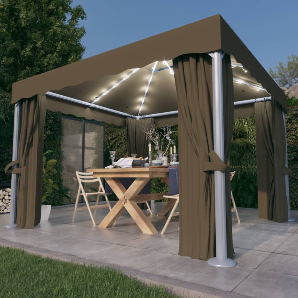 Pavillon mit Vorhängen & LED-Lichterkette 3x3 m Cremeweiß