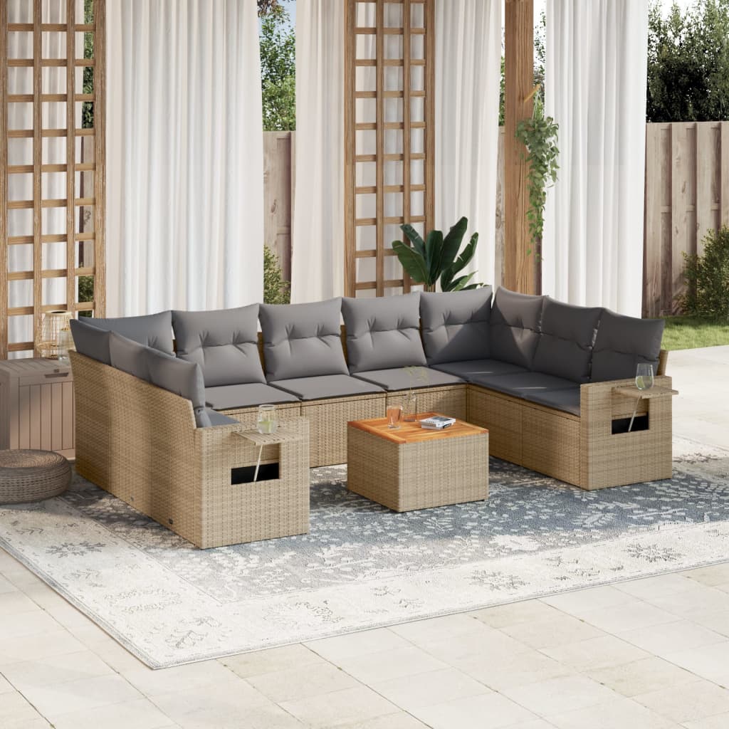 10-tlg. Garten-Sofagarnitur mit Kissen Schwarz Poly Rattan