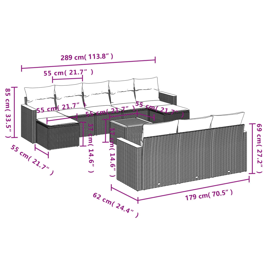 10-tlg. Garten-Sofagarnitur mit Kissen Schwarz Poly Rattan