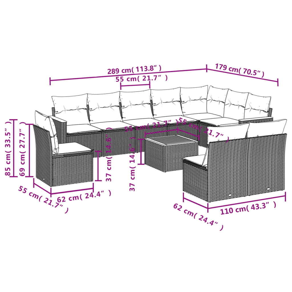 10-teiliges Gartensofa-Set mit Kissen, schwarzes Polyrattan