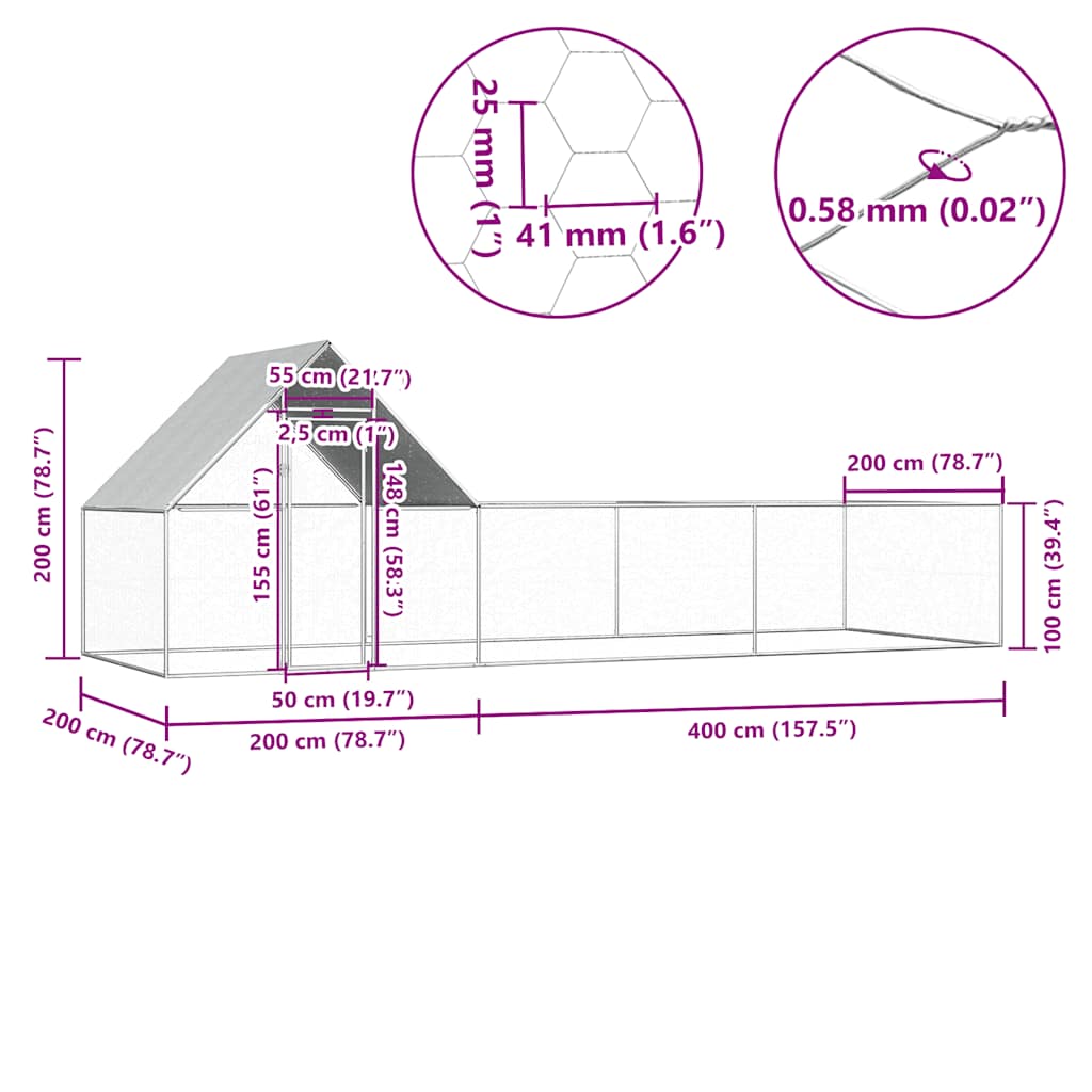 Hühnerstall 2x1x1,5 m Verzinkter Stahl