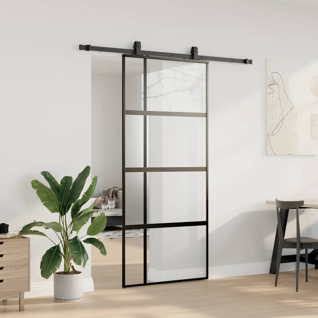 Schiebetür mit Beschlag Schwarz 76x205 cm Hartglas