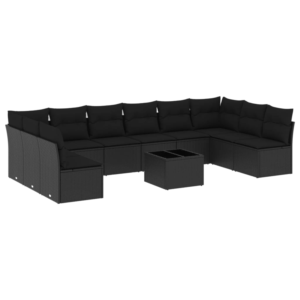 10-tlg. Garten-Sofagarnitur mit Kissen Schwarz Poly Rattan
