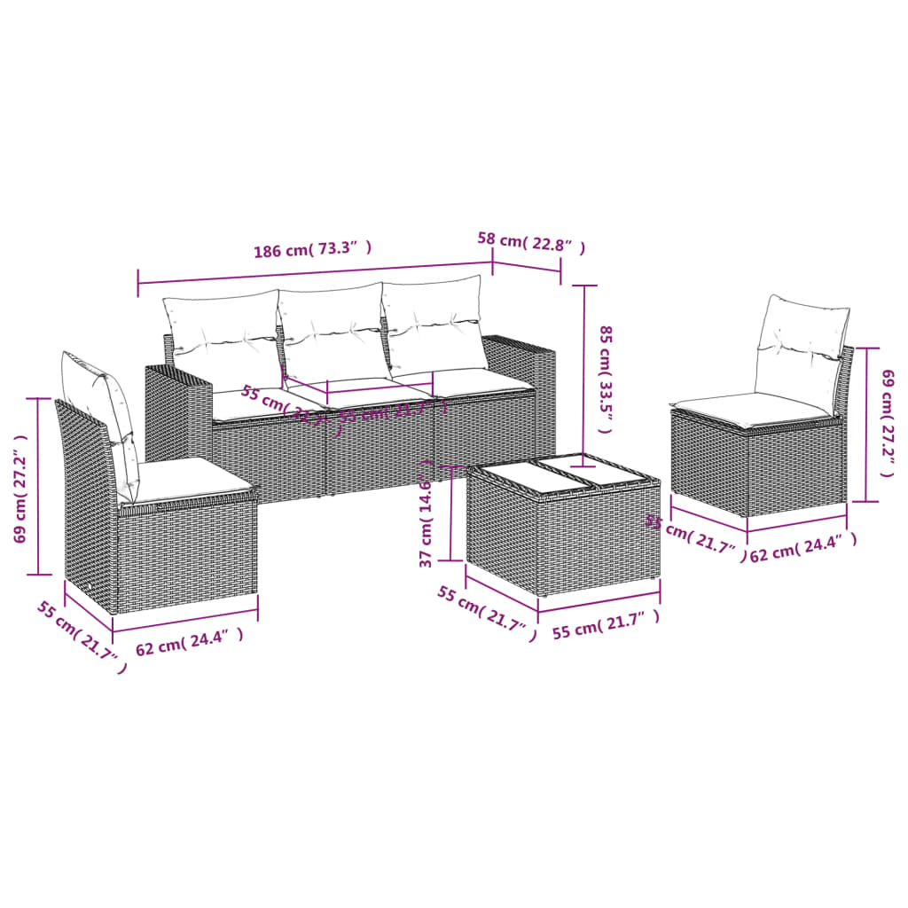 5-tlg. Garten-Sofagarnitur mit Kissen Schwarz Poly Rattan