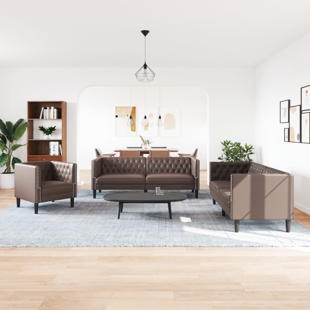 3-tlg. Chesterfield-Sofa-Set Schwarz Kunstleder