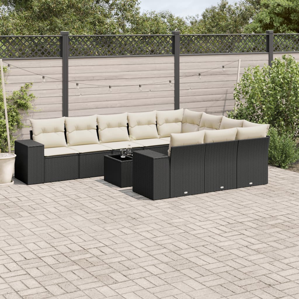 10-tlg. Garten-Sofagarnitur mit Kissen Schwarz Poly Rattan