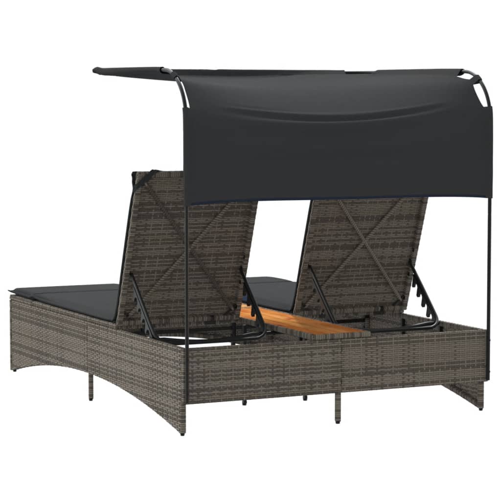 Doppel-Sonnenliege mit Dach und Auflagen Schwarz Poly Rattan