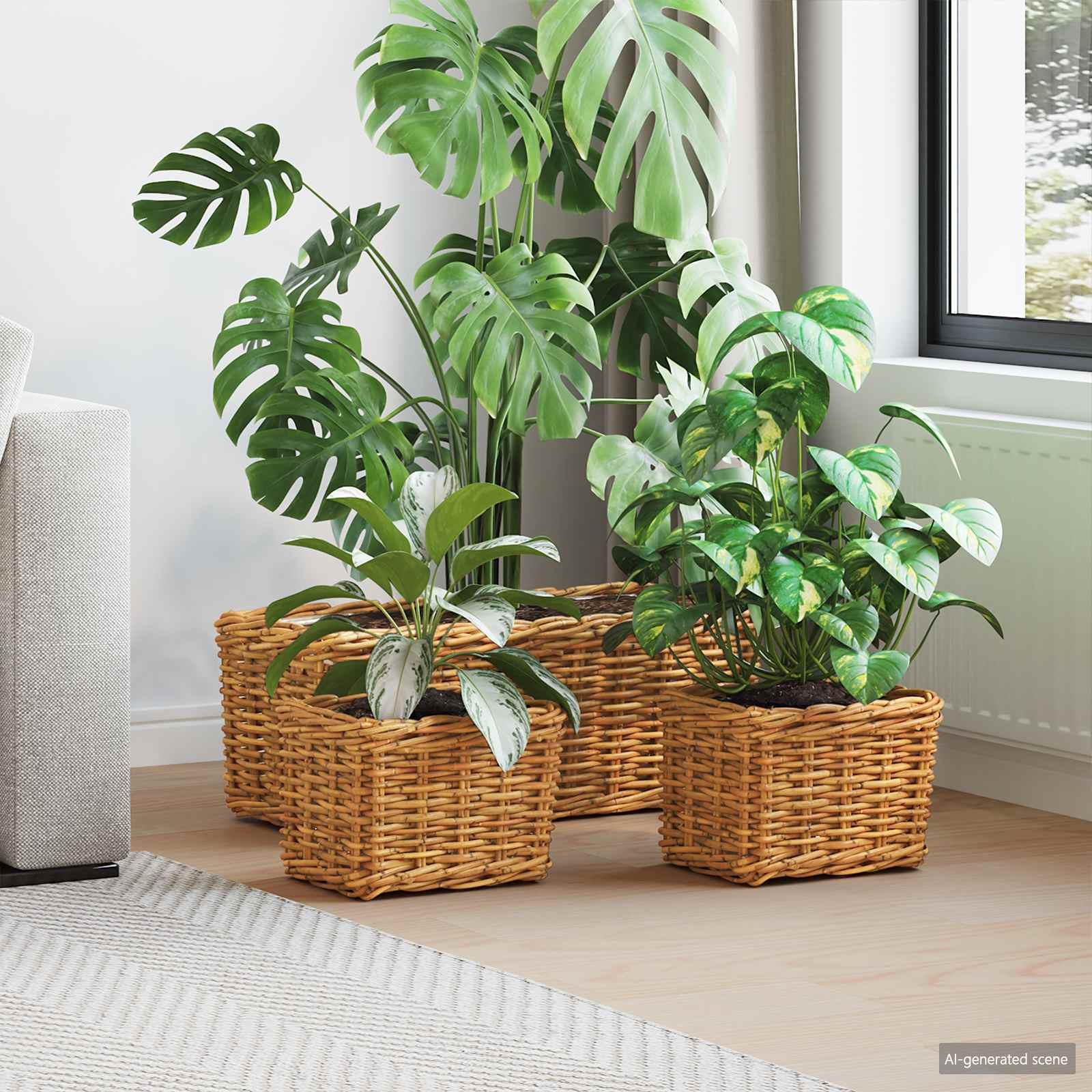 Blumentopfkorb mit Speicher 3 Stk. Natürliches Grau Kubu Rattan