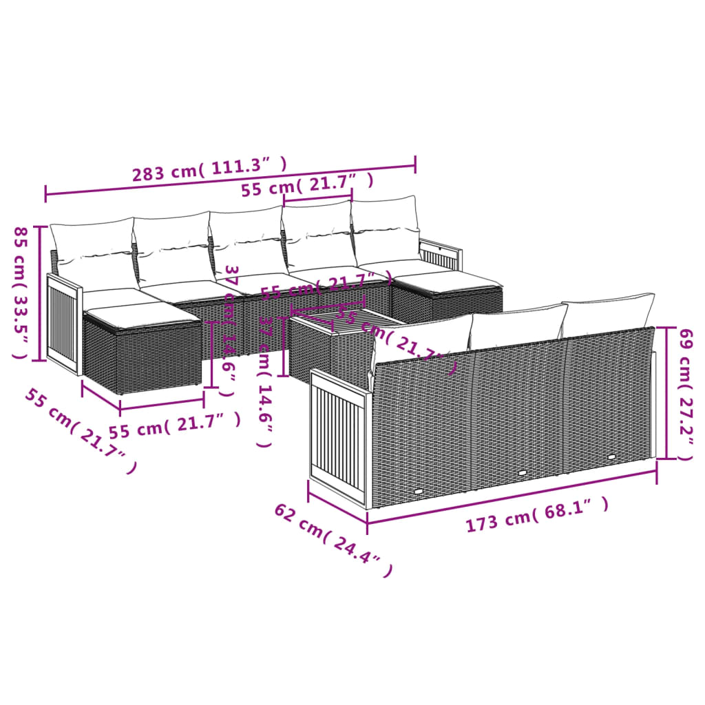 10-teiliges Gartensofa-Set mit Kissen, schwarzes Polyrattan
