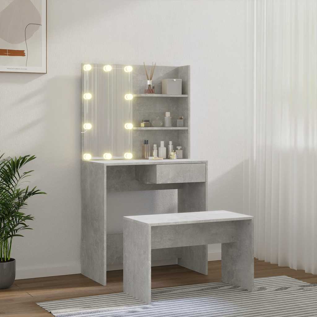 Schminktisch-Set mit LED Weiß Holzwerkstoff