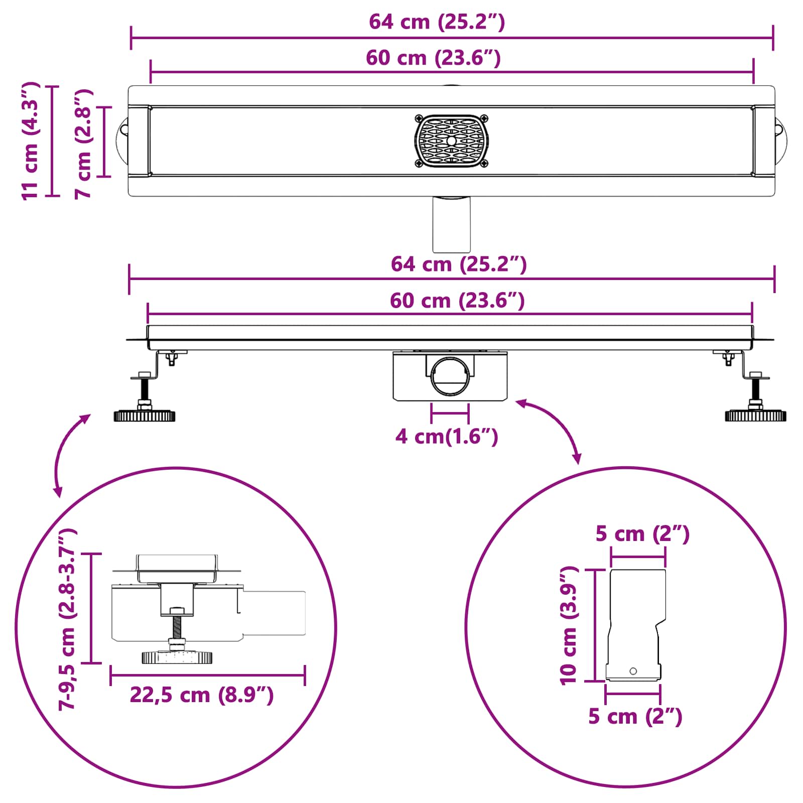 Duschabfluss mit Glashülle und 360° Siphon Schwarz 50 cm