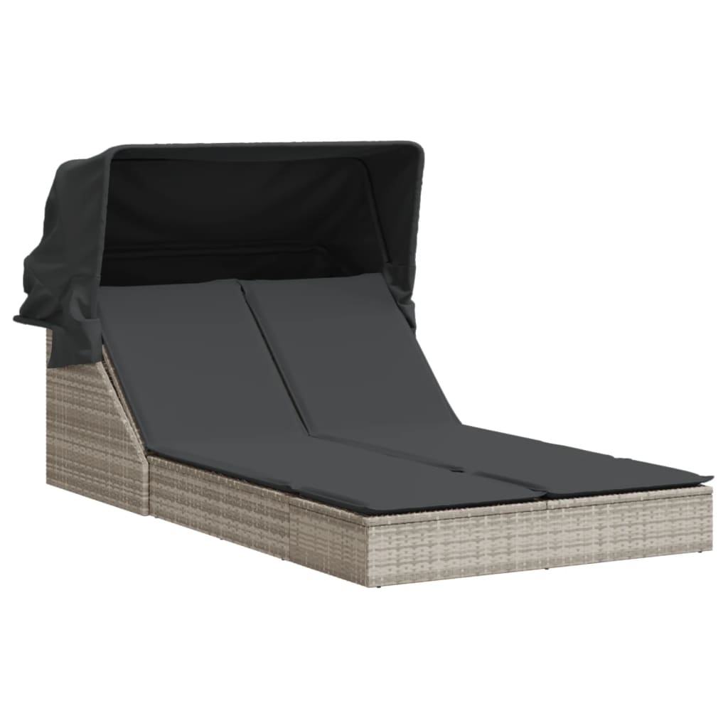 Doppel-Sonnenliege mit Dach und Auflagen Braun Poly Rattan