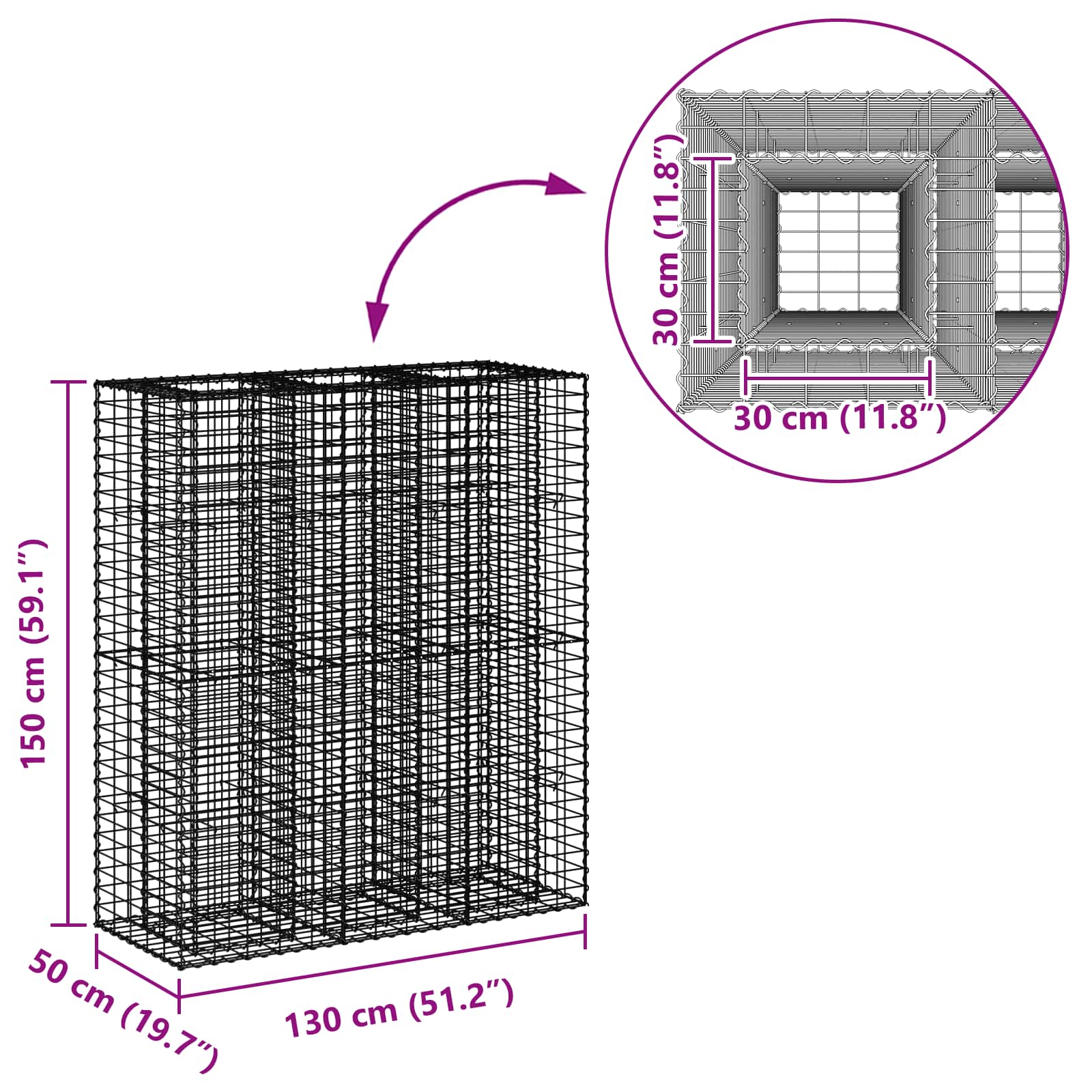 Gabionen Hochbeet 2 pcs Silber 260 x 60 x 55 cm
