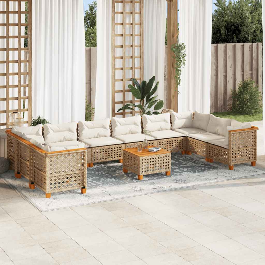 10-tlg. Garten-Sofagarnitur mit Kissen Beige Poly Rattan