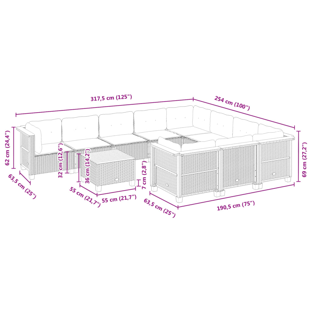 10-tlg. Garten-Sofagarnitur mit Kissen Beige Poly Rattan