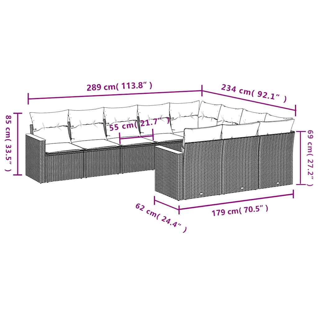 10-teiliges Gartensofa-Set mit Kissen, schwarzes Polyrattan