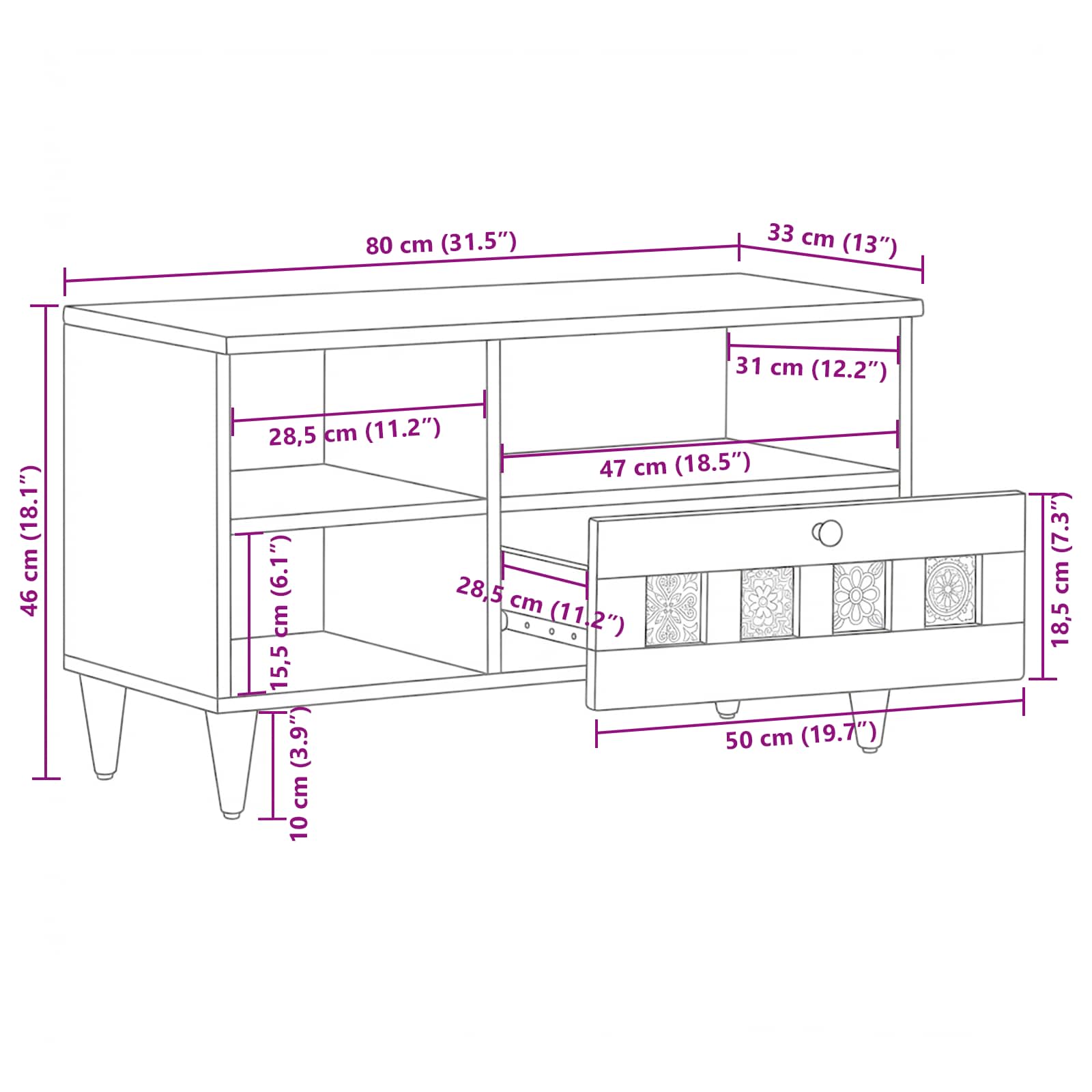 TV-Schränk mit Regal Walnuss 80 x 33 x 46 cm Massivholz Mango