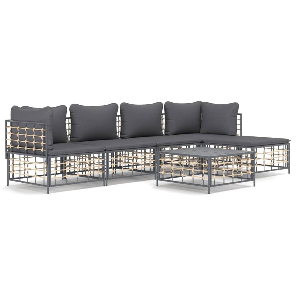 5-tlg. Garten-Lounge-Set mit Kissen Anthrazit Poly Rattan
