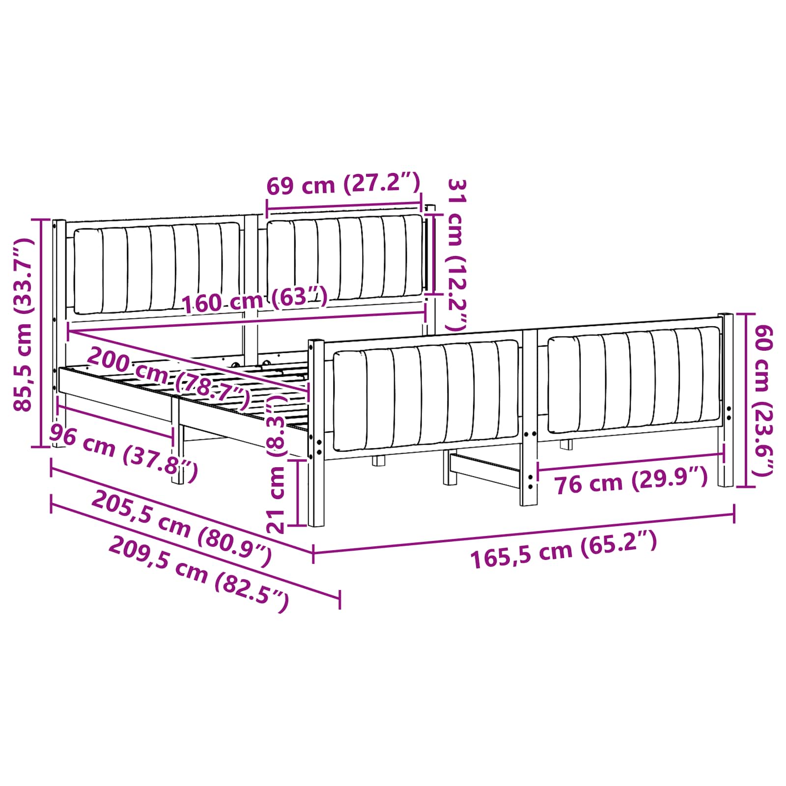 Bettgestell Braun und hellgrau 200 x 200 cm Massivholz Kiefer