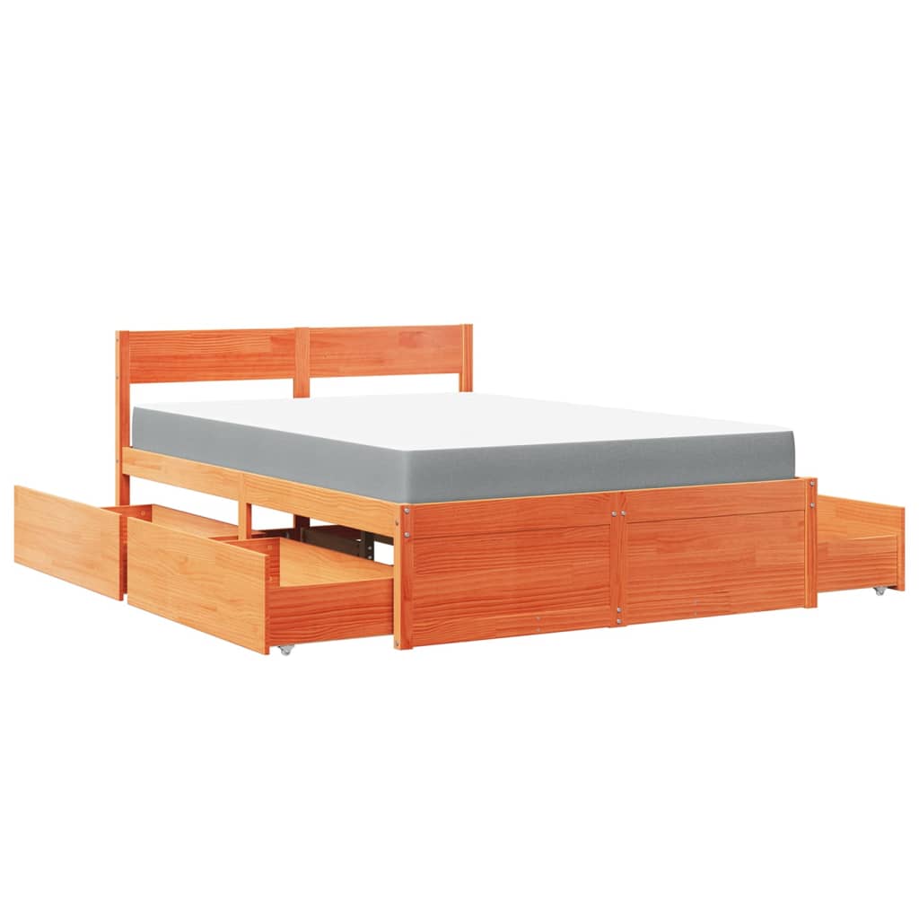 Bett mit Schubladen und Matratze 200x200 cm Massivholz Kiefer
