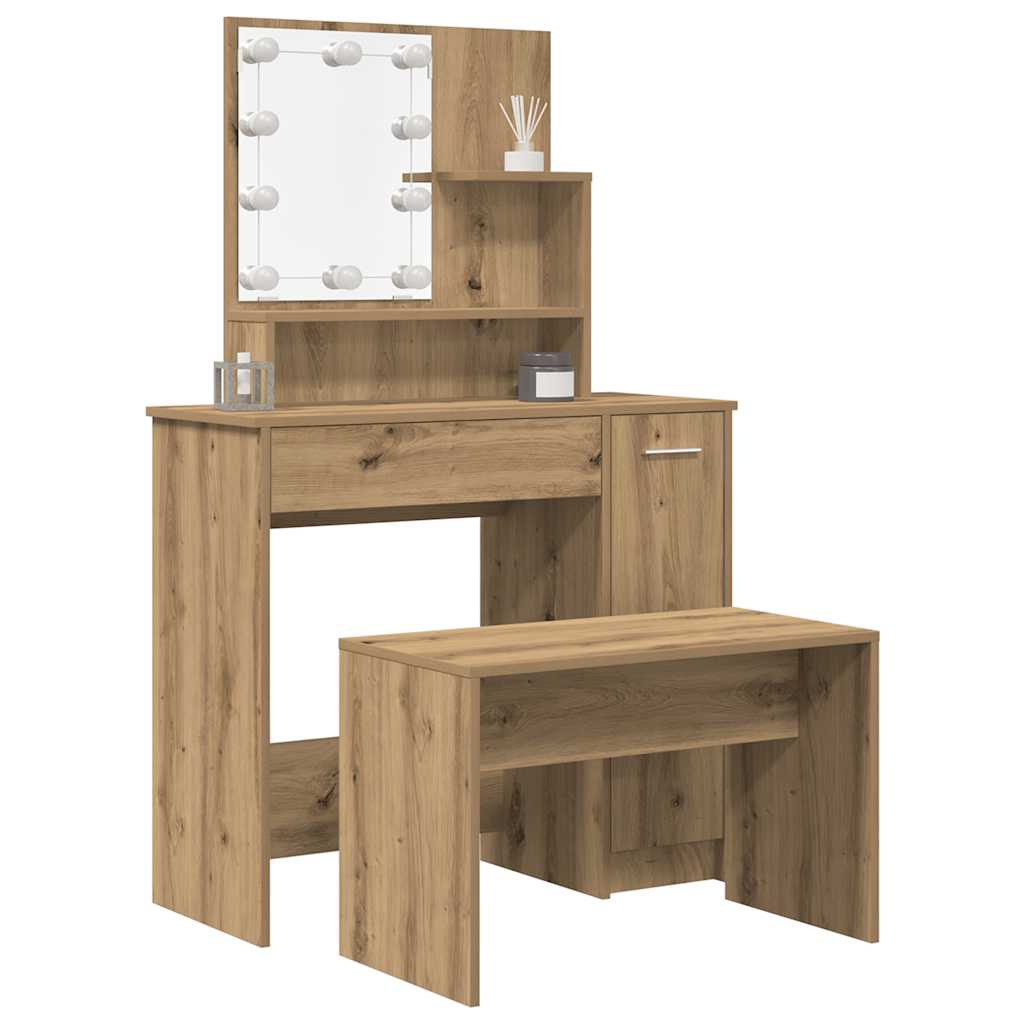 Schminktisch-Set mit LED Weiß Holzwerkstoff